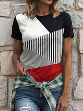 billige Stripe og geometrisk t-skjorte-Dame Bluse Grafisk Geometrisk Ruter Årgang Stilfull Klassisk Kortermet Crew-hals Rund hals Vanlige topper Daglig Lomme Knapper Rød Blå Lilla Grønn Sommer Vår