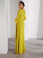 economico GIALLO-Abito da sera con colonna di piume, in crêpe elasticizzato, elegante, formale, da sposa, lungo fino al pavimento, manica lunga, scollo rotondo, staccabile, 2025