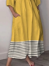 ieftine Rochii cu dungi și geometrice-Pentru femei Rochii Midi Rochie de Vară Rochie A line Vacanță Casual Boho Ieșire Plajă Grafic Geometric Lungime Manșon 3/4 În V Galben Alburiu Vară Primăvară