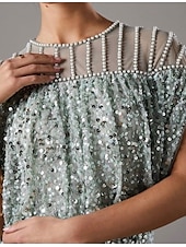 abordables Longueur du thé-Robe A-Line Mère de la Mariée Mariage Plage Simple Luxueuse Col Ronde Robe Invité de Mariage Longueur Thé Midi Longueur Dentelle Sequins Manches Courtes avec Perles