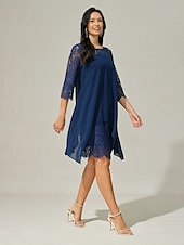 abordables Robe Simple-robe d&#039;invitée de mariage pour femme robe unie robe midi dentelle mousseline patchwork décontracté col rond manches 3/4 robes de cocktail robes formelles couleur bleue