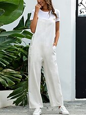 abordables Pantalon uni en coton et lin-Femmes Normal Pantalon en coton et lin Basique Couleur Unie Sans manches Col en U Avec Poches Rue Sortir Coupe régulière Noir Blanche bleu marine Été