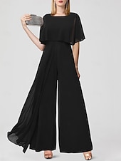baratos Macacões da mamãe-Jumpsuits para Convidadas de Casamento Elegantes Formais Comprimento Longo Mangas Curtas Decote Joaninha Chiffon com Franjas 2025 tamanho personalizado gratuito