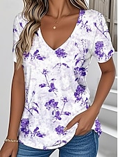 abordables T-shirt floral-Femmes T-shirt Fleuri Graphique Plantes ancien Élégant Classique Manche Courte Col en V Hauts Réguliers Quotidien Imprimé Rouge Bleu Violet Vert Bleu clair Été Printemps