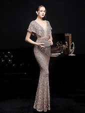 billige Semi-formell / Cocktail-Mermaid  trumpet quinceanera kjoler elegant kjole formell bryllup gulvlengde kortermet V-hals paljett med paljett