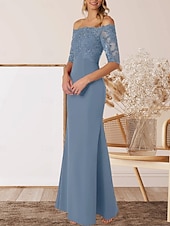 cheap Floor Length-A-Line Mother of the Bride Dress Wedding Guest Elegant Off Shoulder Floor Length Chiffon Half Sleeve with Lace