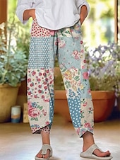 billige Straight-Leg Bukser-Dame kinesisk Posete bukser Strandshorts Ferie Årgang Etnisk stil Ankel-lengde Høy Midje Blomstret Grafisk Lapper Snorer Printer Hold Varm Pustende Myk Mikroelastisk Formell Feriereise Gate Hvit Rosa