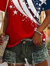 abordables Top jour de l’indépendance-T-shirt patriote pour femmes pour le jour de l'indépendance graphique du drapeau vintage élégant décontracté à manches courtes col en V hauts réguliers quotidiens impression rouge été