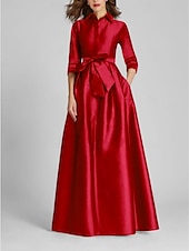 preiswerte GELB-A-Linien-Abendkleid Champagner Gold Minimalistisches Kleid Formal Hochzeitsgast Bodenlang Halber Ärmel Hemdkragen Satin mit Schleife(n) Falten