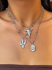 cheap Women&#039;s Necklace-Women&#039;s Western Layered Turquoise Beaded Necklace Set – Boho Statement Jewelry with Cactus &amp; Teardrop Charms, Ideal for Festivals, Country Concerts and Casual Wear