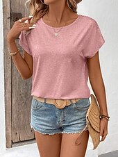 preiswerte Einfarbiges T-Shirt-Damen T-Shirt Einfarbig Einfach Mode Modern Lässig Kurzarm Rundhalsausschnitt Regulär Oberteile Täglich Wochenende Spitze Patchwork Schwarz Weiß Pink Khaki Sommer