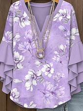 baratos Tops Florais-Blusa Feminina Topos com Mangas em Camadas de Babados Estampas Florais Gráficas Bohemia Vintage Diária Mangas 3/4 V Neck Regulares Topos de Uso Diário de Férias Imprimem Rosa Azul Roxo Verde Verão