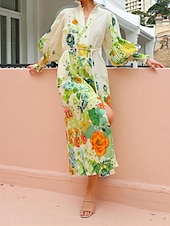 ieftine Rochii casual florale-Pentru femei Rochie Lunga Rochie Maxi Rochii de in bumbac Rochie casual Modă Mâneci Bufante În aer liber Petrecere Concediu Fit regulat Floare Manșon Lung Guler Cămașă Trifoi Vară