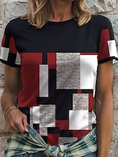 billige Stripe og geometrisk t-skjorte-Dame T skjorte Grafisk Geometrisk Fargeblokk Årgang Stilfull Klassisk Kortermet Crew-hals Rund hals Vanlige topper Daglig Trykt mønster Rød Blå Lilla Grønn Sommer Vår