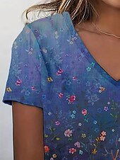 abordables T-shirt floral-Femmes T-shirt Hauts d&#039;été Fleuri Graphique Classique Occasionnel Manche Courte Col en V Hauts courts Quotidien Week-end Imprimé Bleu Été Printemps Automne