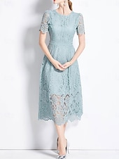 economico Sotto 129,99 $-Abito Madre della sposa Abito elegante Collo tondo Lunghezza tè Pizzo Maniche corte con pizzo