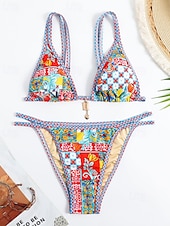 abordables Ensemble de bikinis-Femmes Maillots de Bain Bikini 2 pièces Maillot de bain Dos nu Tropical Tenues de plage Fleur Col en V Sans manches Maillots de bain
