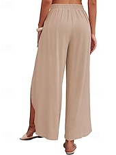 abordables Pantalón liso de lino y algodón-Mujer Pantalones de lino y algodón pantalones Casual Longitud total Cintura Media Plano Cintura elástica Separado Al Aire Libre Cómodo Festivos Ropa Cotidiana Fin de semana Albaricoque PEC Celeste