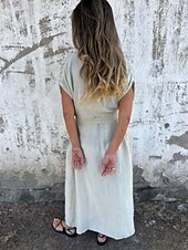 abordables concevoir des robes en coton et lin-Femmes Robe Longue Maxi Robe Robes en coton et lin Robe Décontractée Robe d&#039;été Mode Basique Moderne Quotidien Week-end Coupe régulière Uni Manche Courte Col en V Blanche Chameau Été