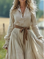 preiswerte Ausgefallene Kleider-Damen Langes Kleid Maxikleid Freizeitkleid Schwingkleid Sommerkleid Boho-Kleid Vintage Urlaub Täglich Ferien Normale Passform Einfarbig Langarm V Ausschnitt Beige Sommer