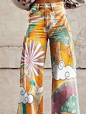 preiswerte weites Bein und hohe Taille-Damen Stoffhosen Mode Streetwear Volle Länge Natürliche Taille Blume Tasche Drucken Bequem Außenbereich Straße Ausgehen Gelb Sommer Normale Passform