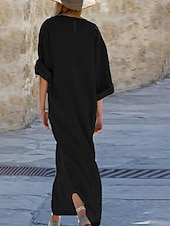preiswerte Kleider-Damen Langes Kleid Maxikleid Baumwoll-Leinenkleid Klassisch Modern Urlaub Täglich Ferien Normale Passform Einfach Halbarm V Ausschnitt Schwarz Weiß Wein Dunkelgray Sommer