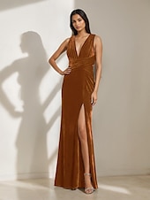 economico BLU-Abito in Velluto Sirena  Tromba Abito da Sera Galà Abito Formale Semi Formale Scollo Profondo Matrimonio Lunghezza Completa Senza Maniche Senza Spalline con Pieghe