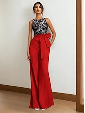 abordables Combinaisons pour maman-Combinaison / Tailleur-Pantalon Robe de Mère de Mariée  Formel robe demoiselle d honneur Élégant Simple Minimaliste Col ras du cou Longueur au sol Dentelle Tissu Extensible Sans manches avec Ceinture
