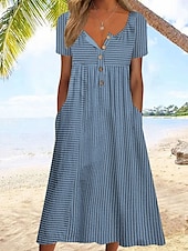 abordables Robe Rayée et Géométrique-Femmes Robe Midi Robe Décontractée Robe d&#039;Été Robe trapèze Robe d&#039;été Vacances Occasionnel Chaussures de plage Fête Coupe Ample Graphique Rayure Manche Courte Col ras du cou Bleu Gris Été