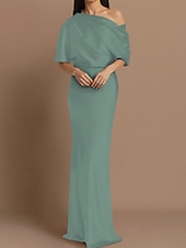 preiswerte GRÜN-Etui Kleid Mutter der Braut Hochzeitsgast Formelles Abendkleid Elegante Party Schulterfrei Zug-Länge Satin Halbelängliche Ärmel mit Raffung.