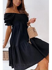 abordables Robes décontractées blanches-Femmes Mini Robe Robe Décontractée Robe d&#039;été Basique Moderne Quotidien Week-end Coupe régulière Uni Manche Courte Épaules Dénudées Noir Blanche Abricot Été