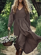 levne Boho šaty-Dámské Midi šaty Volnočasové šaty Bavlněné plátěné šaty Módní Moderní Dovolená Denní Víkend Běžný Bez vzoru Dlouhý rukáv Do V Hnědá Léto