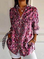 cheap Boho Tops-Women&#039;s Shirt Floral Graphic Paisley Bohemia Vintage Western Long Sleeve Shirt Collar Regular Tops Daily Holiday Vacation Wear Buttons Print Maroon Blue Rose Pink Summer Spring