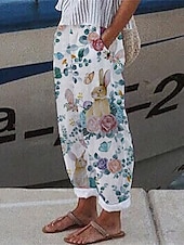 billiga Grafisk linnebyxa i bomull-Dam Linneinspirerade byxor Harem byxor Mode Boho Fullängd Medium Midja Kanin Blomma Elastisk midja Andningsfunktion Bekväm Microelastisk Gata Dagliga kläder Utekväll Blå Sommar Vår Normal