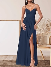 abordables Robes de demoiselle d&#039;honneur-Robe de demoiselle d&#039;honneur trapèze, col en V, sans manches, élégante, longueur au sol, en mousseline extensible avec plis / devant fendu / froncé 2025