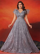 economico Champagne-Abiti A-Line Taglia Plus Elegante Abito Curve Formale per Matrimonio Lunghezza Della Terra Senza Maniche Collo A V In Paillettes 2025