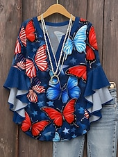 cheap Independence Day Top-Women&#039;s Patriotic  Blouse Layered Ruffle Sleeve Tops Graphic Flag Bohemia Vintage Ethnic 3/4 Length Sleeve V Neck Tops Daily Holiday Vacation Wear Print Red Royal