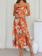 cheap Print Floral Dresses-Women&#039;s Midi Dress Floral Dress Boho Dress Print Dress Fashion Classic Outdoor Vacation Holiday Regular Fit Flower Sleeveless Spaghetti Strap Pink Navy Blue Orange Summer
