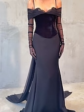 economico NERO-Abito nero in velluto con corsetto, abito da sera a sirena/tromba, elegante, formale, da sposa, strascico a corte, scollo a cuore, in pizzo con manica arricciata 2025