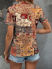 abordables T-shirt Boho-Femmes T-shirt Fleuri Graphique Géométrique ancien Élégant Classique Manche Courte Col ras du cou Col rond Hauts Réguliers Quotidien Week-end Imprimé Jaune Rose Claire Bleu Violet Vert Été Printemps