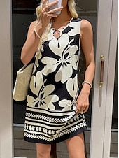abordables Robes Boho-Femmes Mini Robe Robe d&#039;Été Vacances Boho Sortir Plage Coupe Standard Fleuri Graphique Paisley Sans manches Col Rond Noir Vert Été Printemps