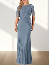 voordelige Vloerlengte-Zeemeermin  Trompet Moeder Van De Bruid Jurk Bruiloft Gast Elegante Crew Hals Vloerlengte Chiffon Halve Mouw Met Applicaties