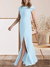 preiswerte Bodenlänge-Meerjungfrauenschnitt Brautmutterkleid Hochzeitsgast Elegant Süß Rundhalsausschnitt Bodenlang Spitze Stretchstoff Kappenärmel mit Spitze Geteilter Vorderteil 2025
