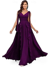 baratos Vestidos de Noite-Vestidos de Quinceanera A-Line Vestido Elegante Performance Natal Comprimento do Chão Sem Mangas Decote V Chiffon Costas Nuas com Pregas