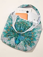 abordables Cabas et fourre-tout-Sac fourre-tout pliable à imprimé paon pour femme - Sac de courses réutilisable de grande capacité avec un design aquarelle élégant, léger et élégant, idéal pour un usage quotidien, les voyages et les achats écologiques