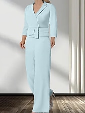 abordables Costumes-pantalons pour maman-Ensemble pantalon 2 pièces mère de la mariée invité de mariage élégant encolure en V longueur de sol chiffon extensible manches 3/4 wrap inclus avec boutons 2025 taille personnalisée gratuite