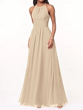 cheap Bridesmaid Dresses-A-Line Bridesmaid Dress Halter Neck Sleeveless Elegant Floor Length Chiffon with Pleats / Ruching