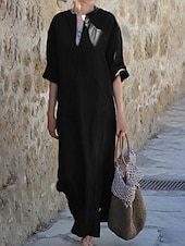 preiswerte Kleider-Damen Langes Kleid Maxikleid Baumwoll-Leinenkleid Klassisch Modern Urlaub Täglich Ferien Normale Passform Einfach Halbarm V Ausschnitt Schwarz Weiß Wein Dunkelgray Sommer