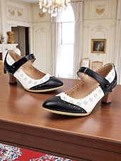 cheap Victorian &amp; Edwardian-Women's 1900s Edwardian Vintage Gatsby Mary Jane Shoes-Green and White Leather Cutout Heels with Scalloped Edge, Perfect for Historical Costumes, Retro Parties, and Daily Wear