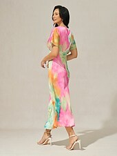 abordables Robes à motifs-robe d&#039;invitée de mariage pour femme, imprimé ombré, col en V, robe midi élégante, rendez-vous, manches courtes, coupe régulière, vacances, quotidien, robe d&#039;été